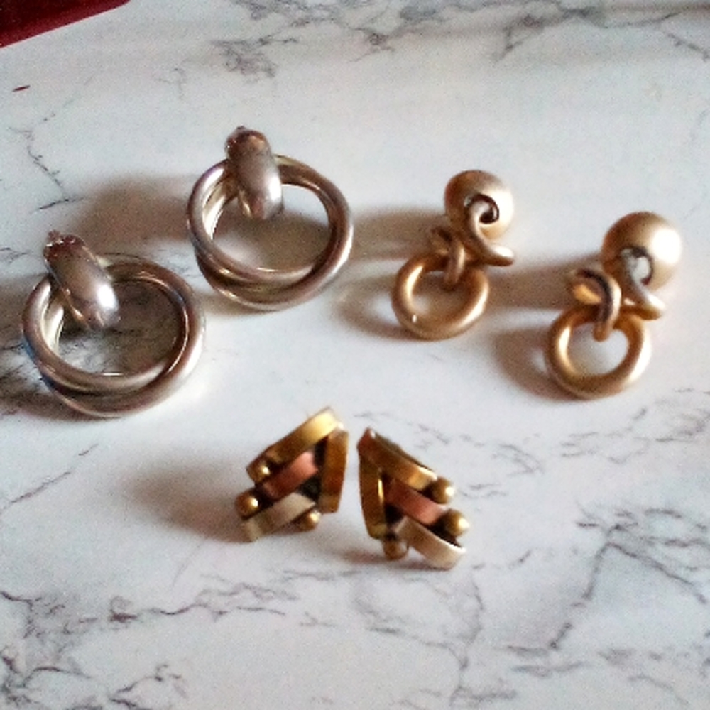 3 Pairs Artisan Mid Century Modernist Brutalist Stud Earrings